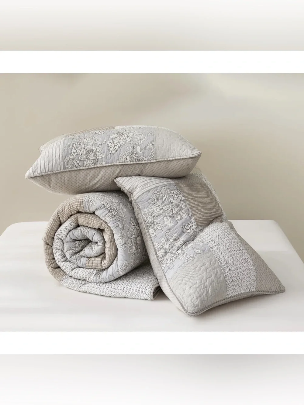 Neutral Patchwork Quilted Comforter Set - Home Bedding